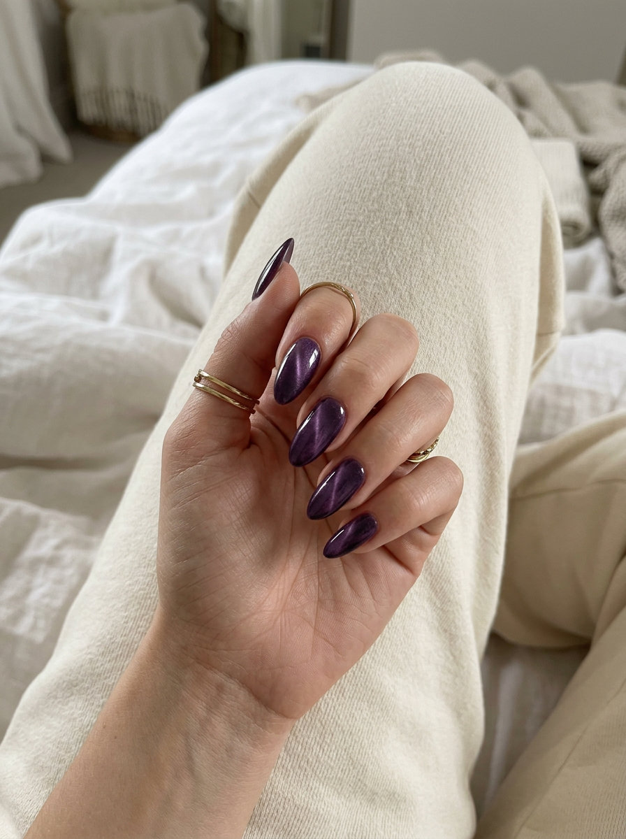 Purple shimmer cat eye for solid summer nails 2026. Glamorous for evening events and summer soirees.
