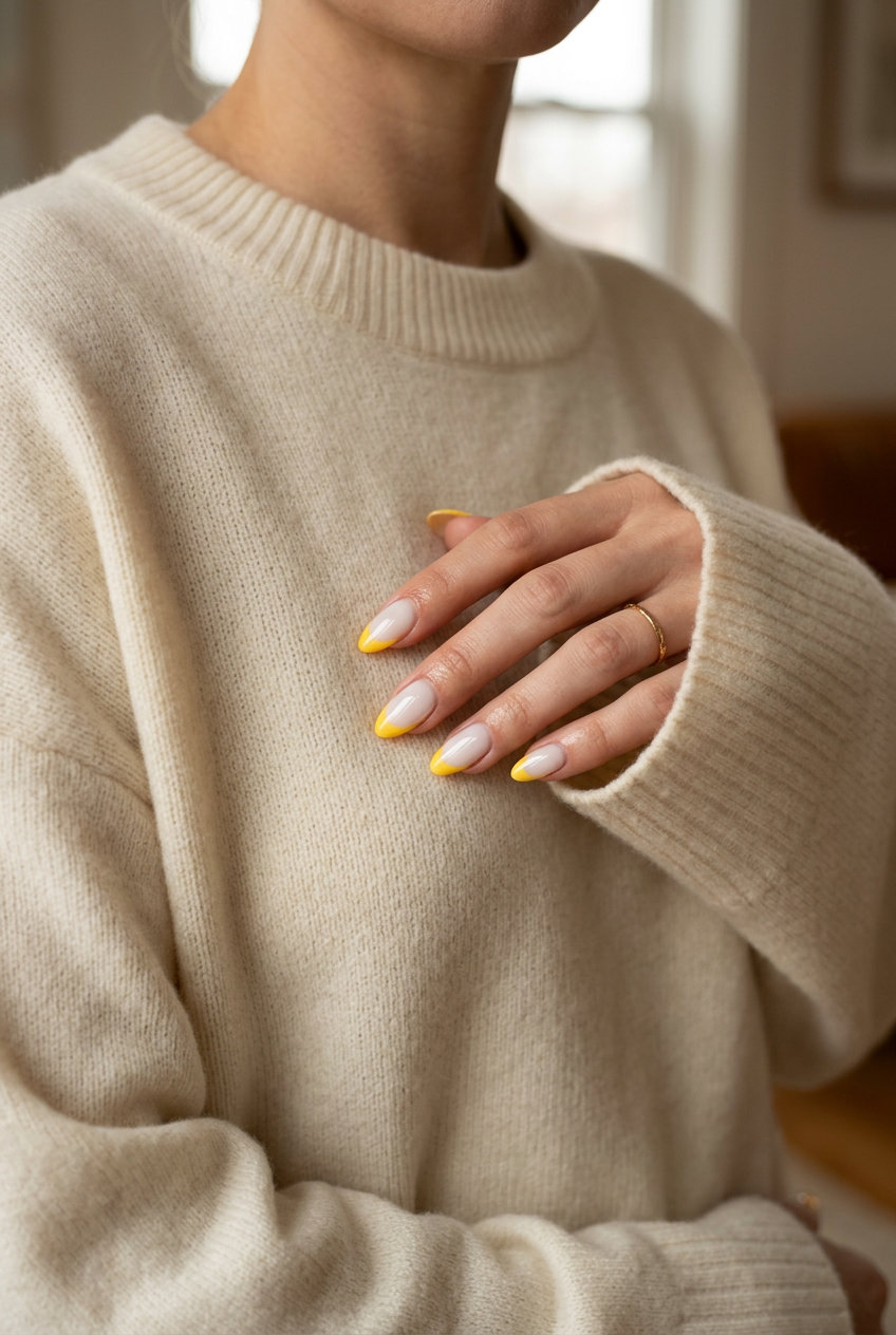 Sunny yellow French tip nails for solid summer nails 2026. Playful, graphic gel polish for vacation and casual events.