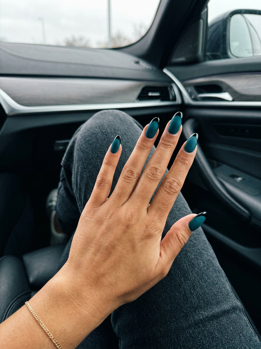 Velvet teal French tips with glossy black for solid summer nails 2026. Sophisticated for date nights and formal events.