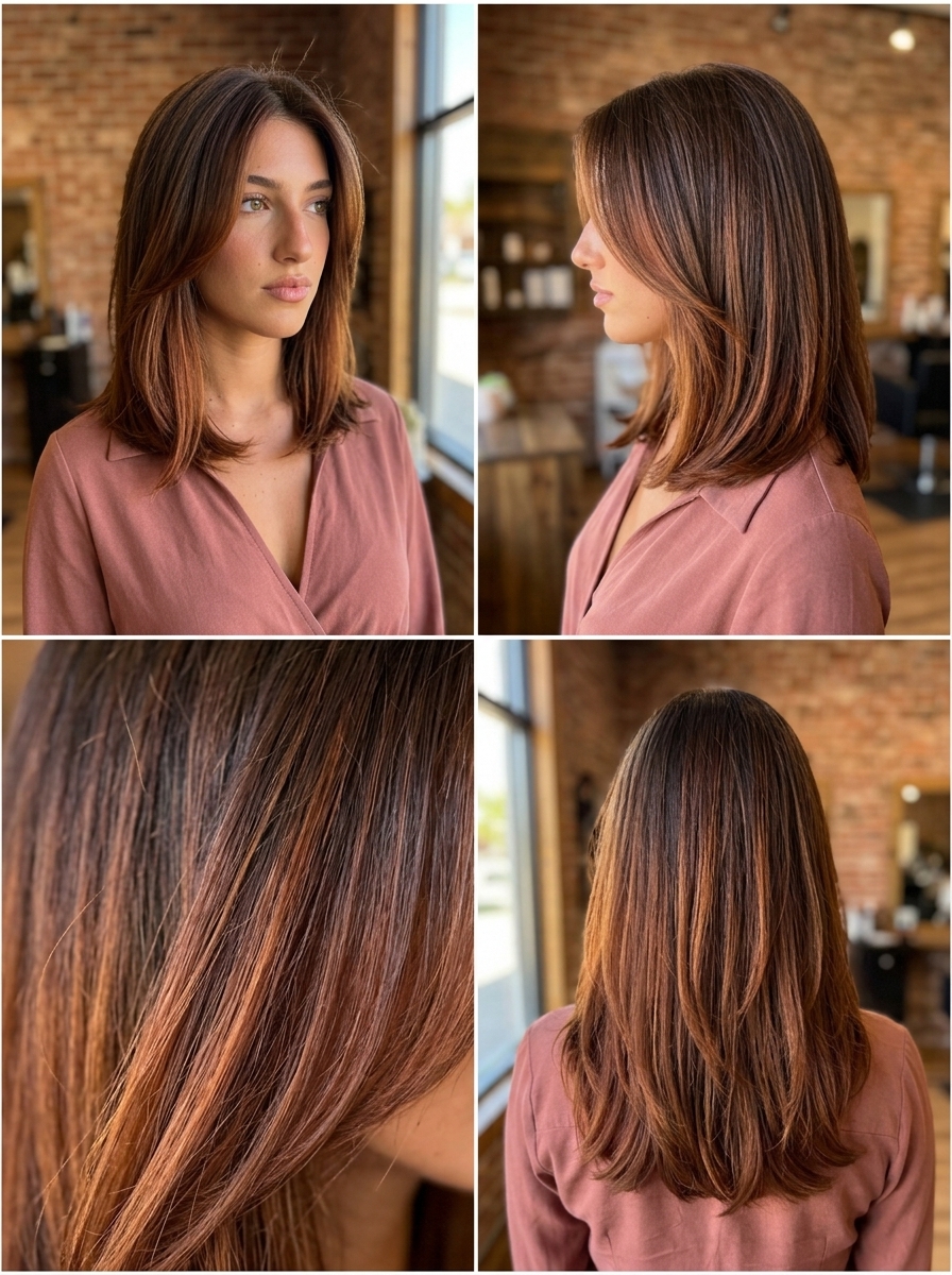long chocolate brunette hair color with auburn melt, spiced cacao base, copper tones — bohemian weekend getaway