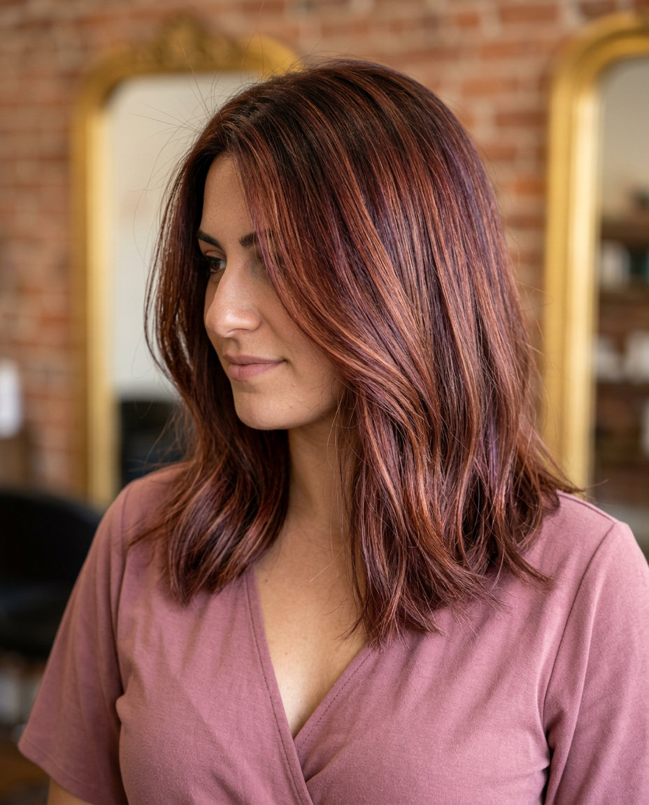long layered auburn spiced mahogany foilayage with multi-tonal auburn, foilayage technique — sophisticated professional event