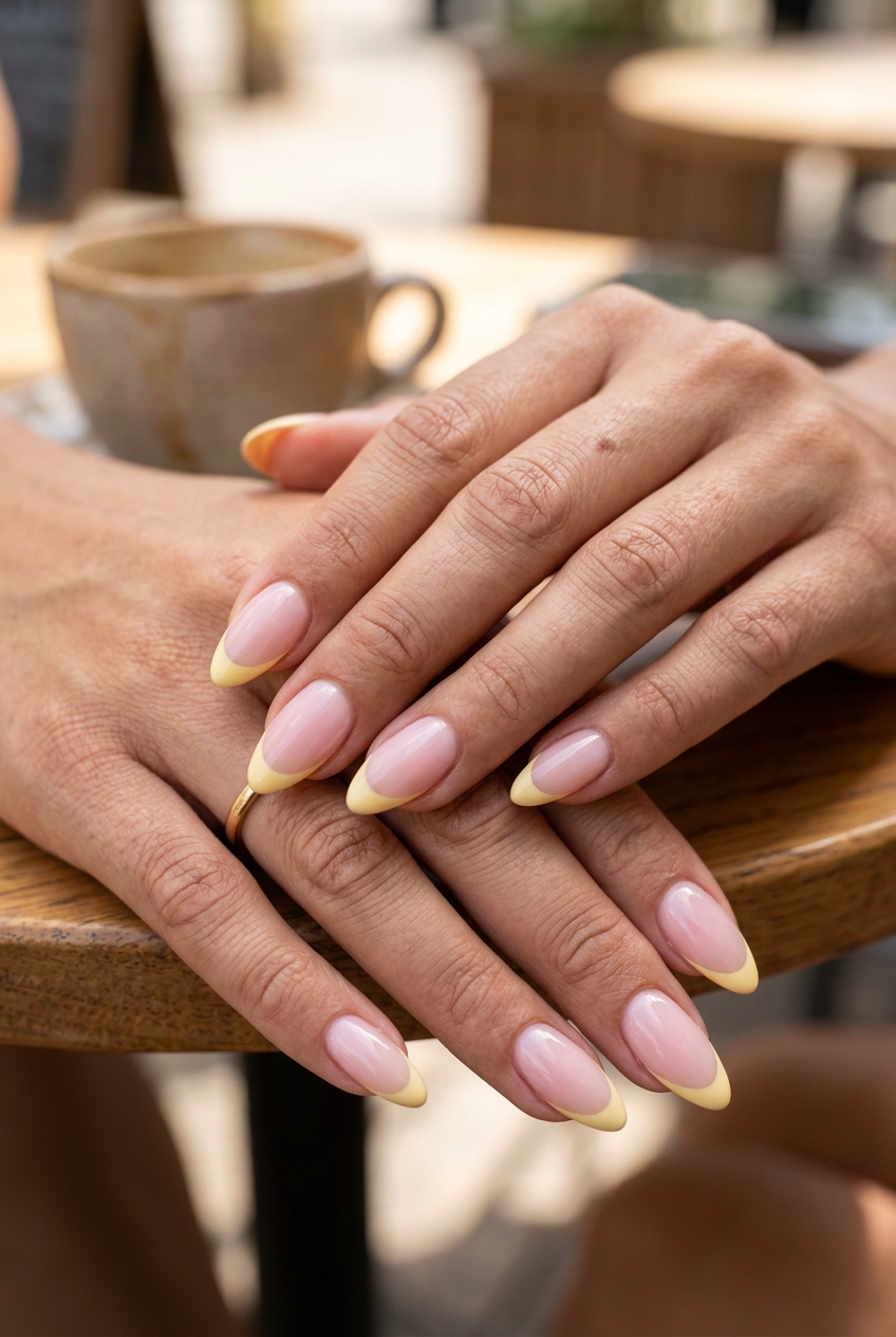 Butter Yellow French Stiletto Summer Nails 2026 Butter yellow micro French stiletto summer nails 2026 for weddings and spring/summer events.