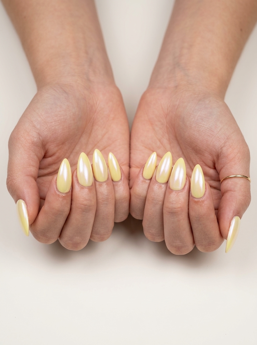 Glazed Lemon Stiletto Summer Nails 2026 Lemon glazed stiletto summer nails 2026 in soft yellow with pearlescent shimmer, clean-girl style.