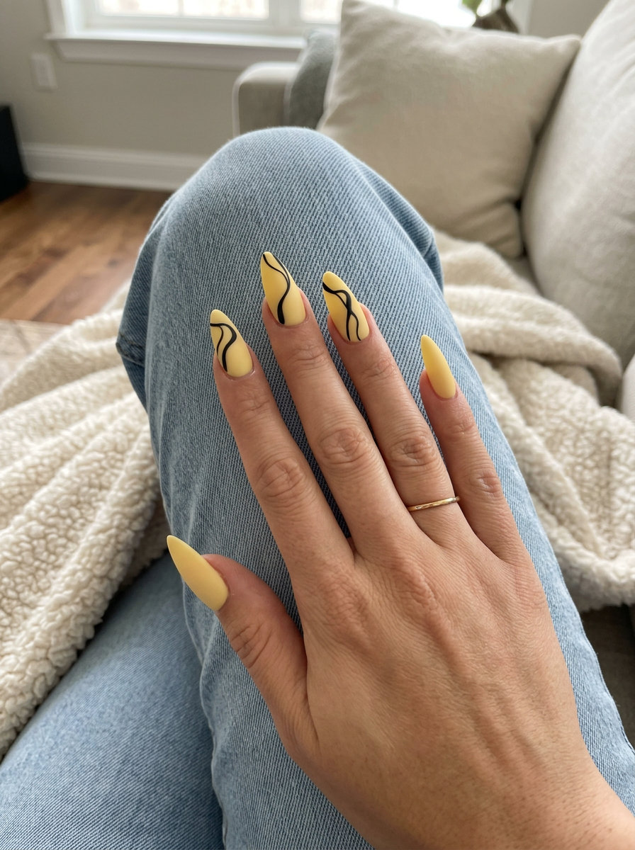 Lemon Graphic Stiletto Summer Nails 2026 Lemon Graphic Stiletto nails for stiletto summer nails 2026. Matte yellow with abstract black lines.