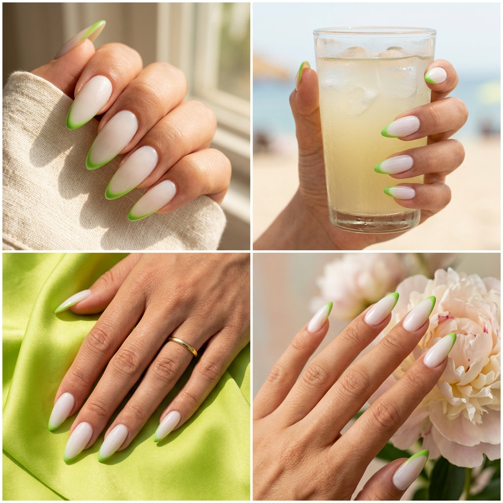 Lime Zest Stiletto Summer Nails 2026 Lime Zest Micro-French Stiletto nails for stiletto summer nails 2026. Sheer milky white with bright lime green tips.