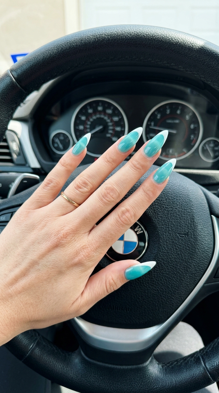 Aqua Jelly French Stiletto Summer Nails 2026 Ocean jelly French stiletto summer nails 2026 with aqua jelly and milky white tips for date nights.