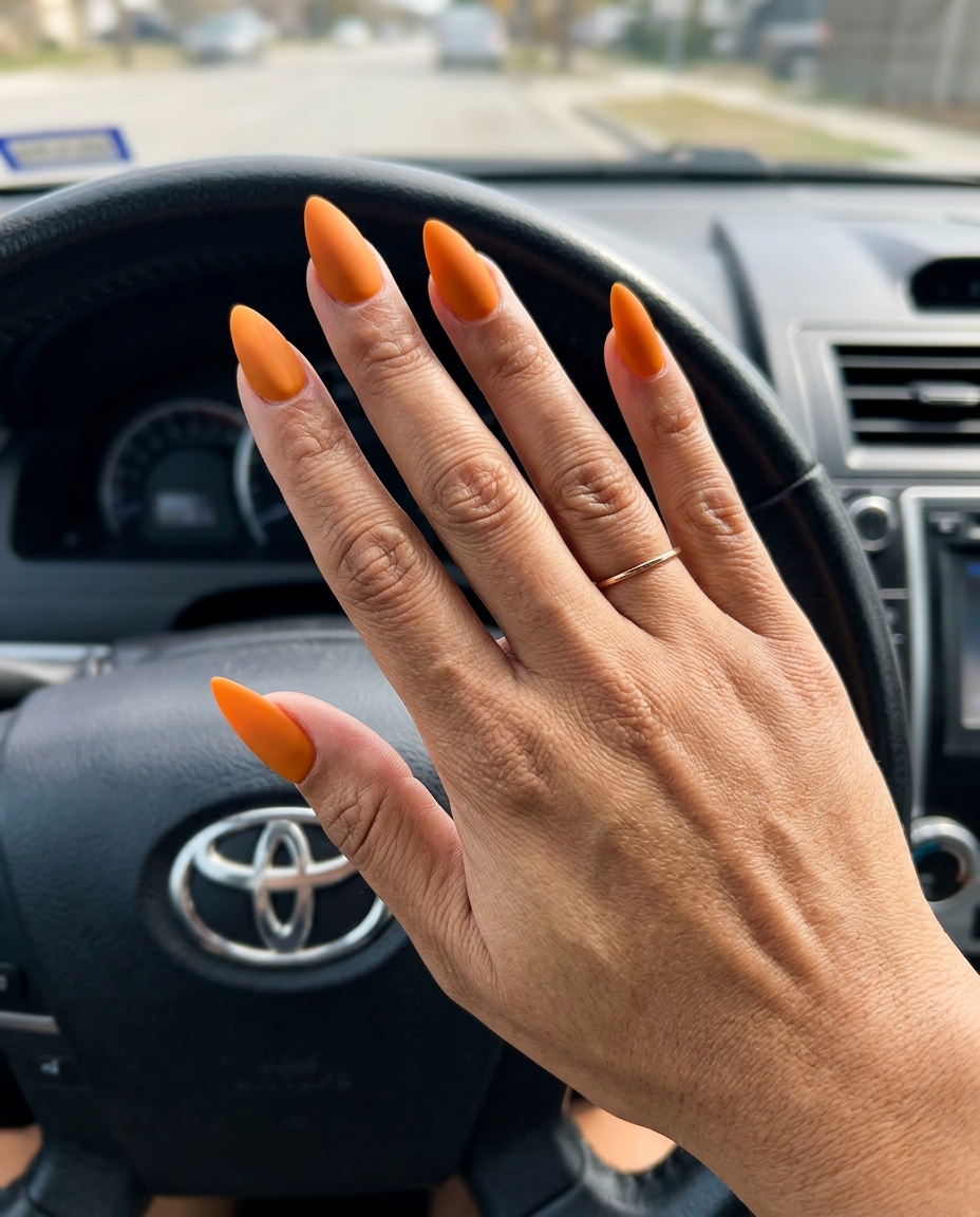 Matte Orange Stiletto Summer Nails 2026 Sunkissed matte stiletto summer nails 2026 in opaque warm orange gel polish with velvet matte top coat.