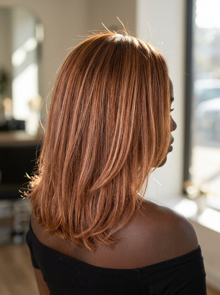 long strawberry auburn balayage with golden copper highlights and curtain bangs