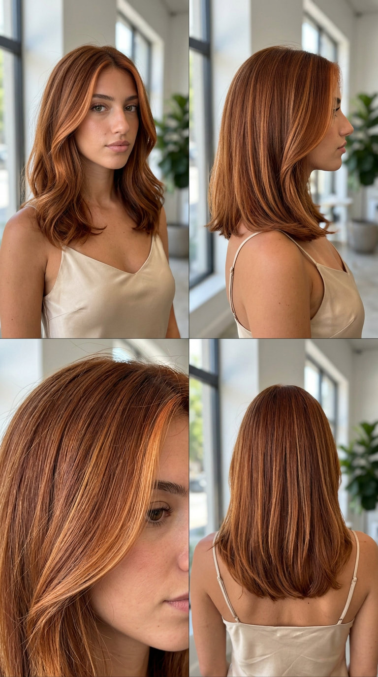 long layered auburn strawberry auburn money piece with face-framing highlights, foilyage technique — playful weekend