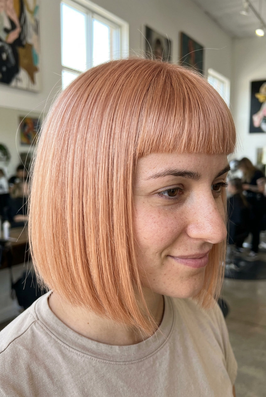 chin-length blunt bob haircut with strawberry blonde, blunt micro-fringe for playful sweetness