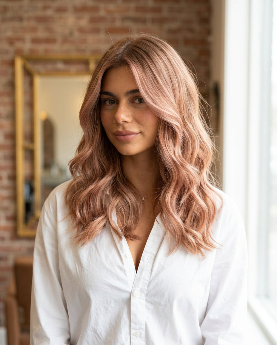 long strawberry blonde ombré melt with rose gold accents, soft balayage for romantic occasions