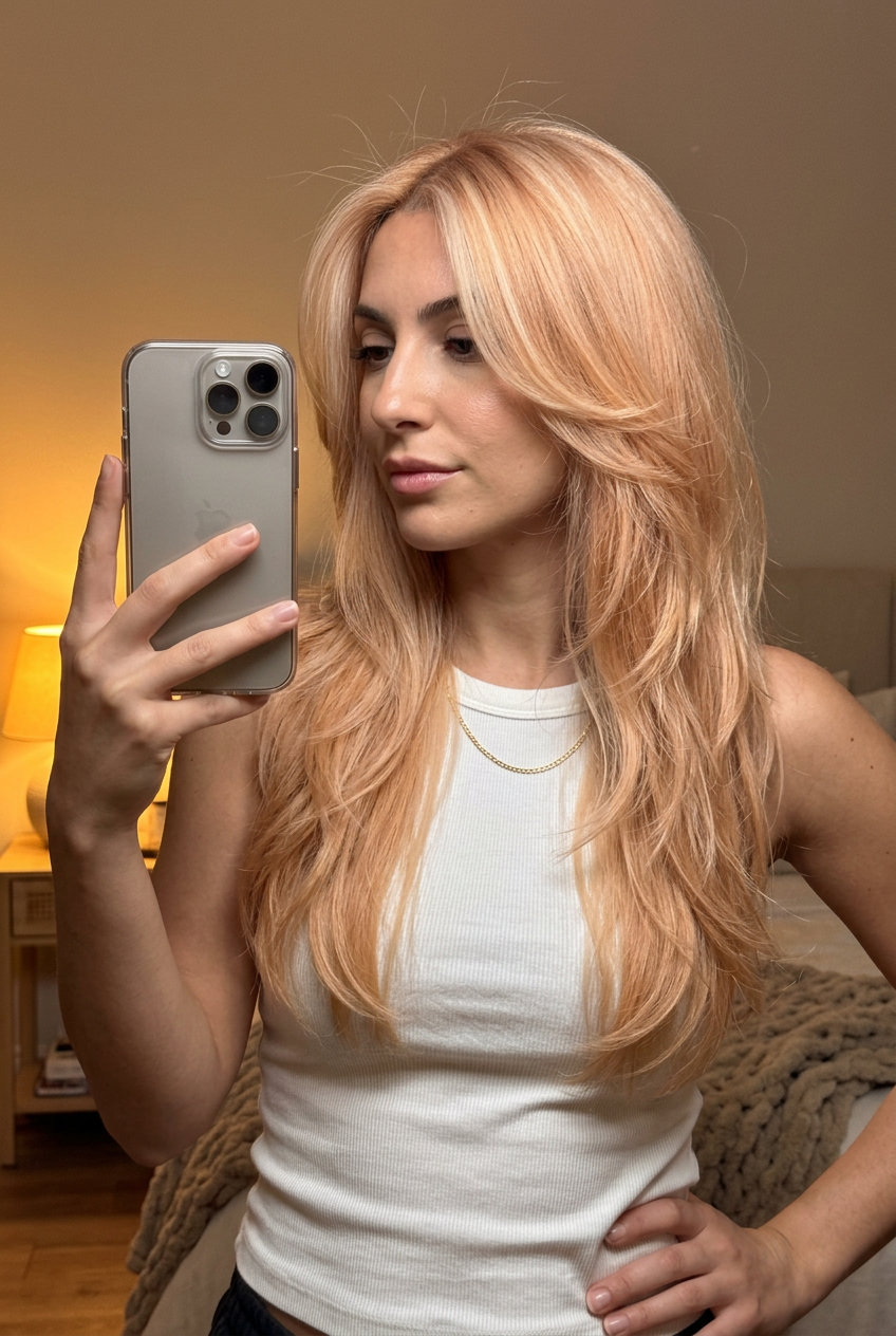 long strawberry blonde wolf cut with golden peach babylights and soft graduated layers