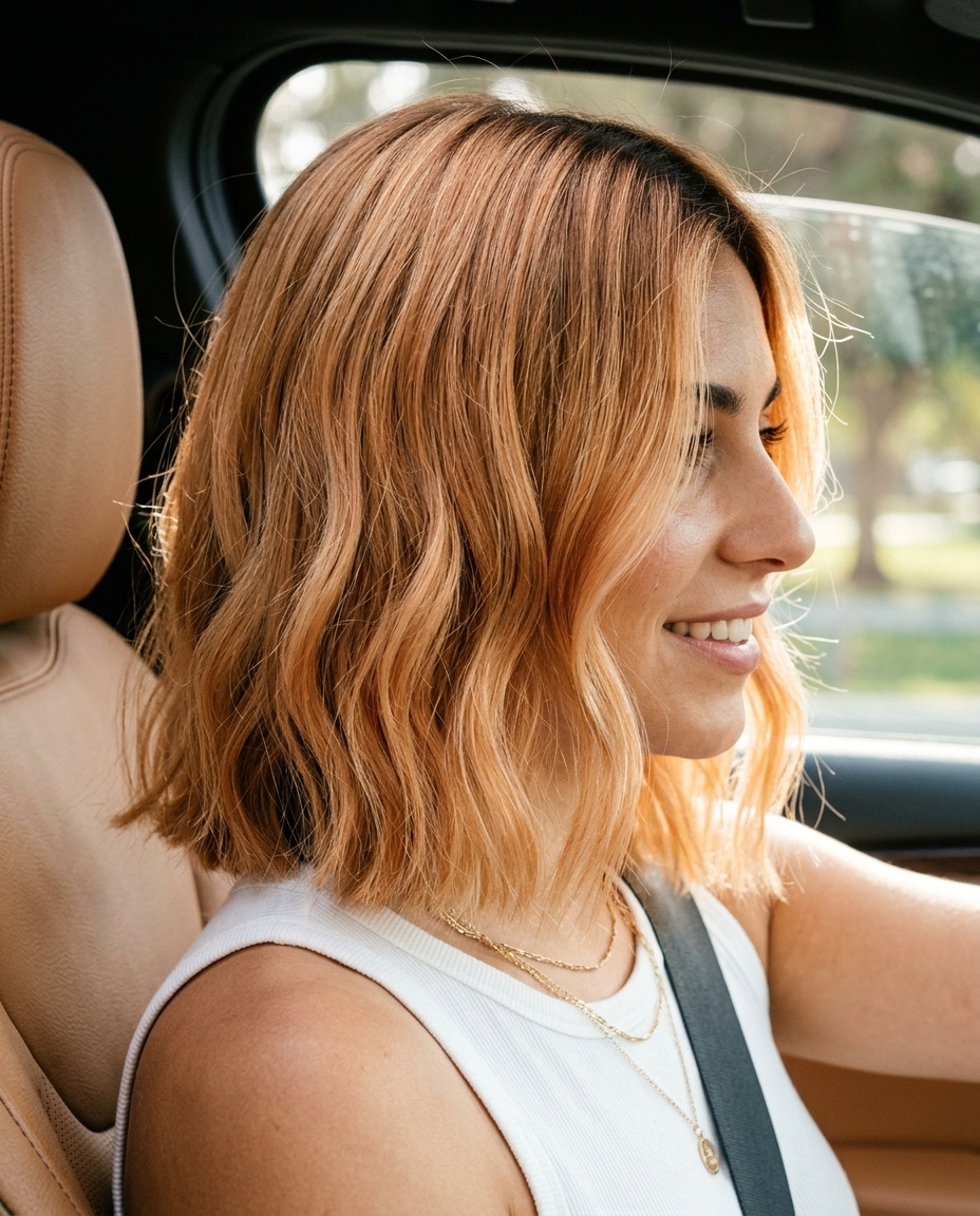 medium blunt lob haircut in strawberry blonde with peach babylights, soft waves for summer parties