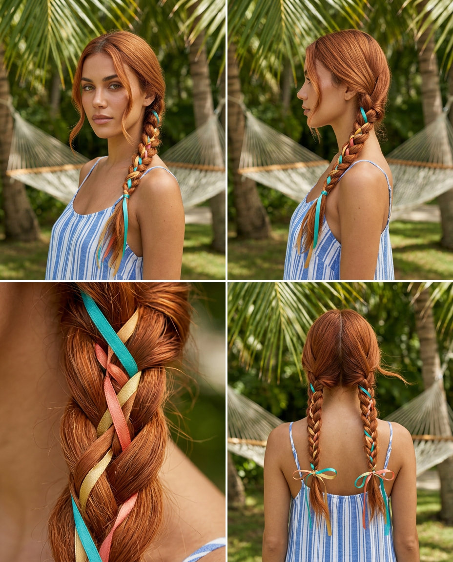 medium strawberry blonde ribbon braids with apricot orange peach ribbons for summer