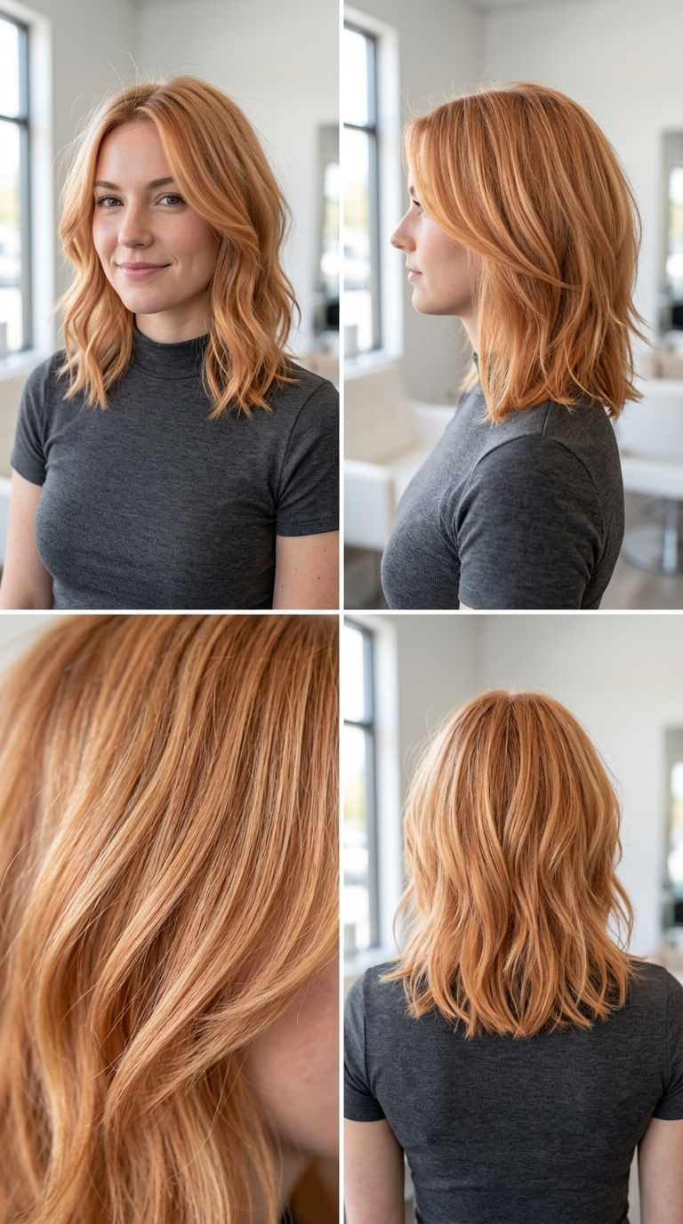 shoulder-length strawberry blonde with copper-gold gloss, soft layers — playful summer
