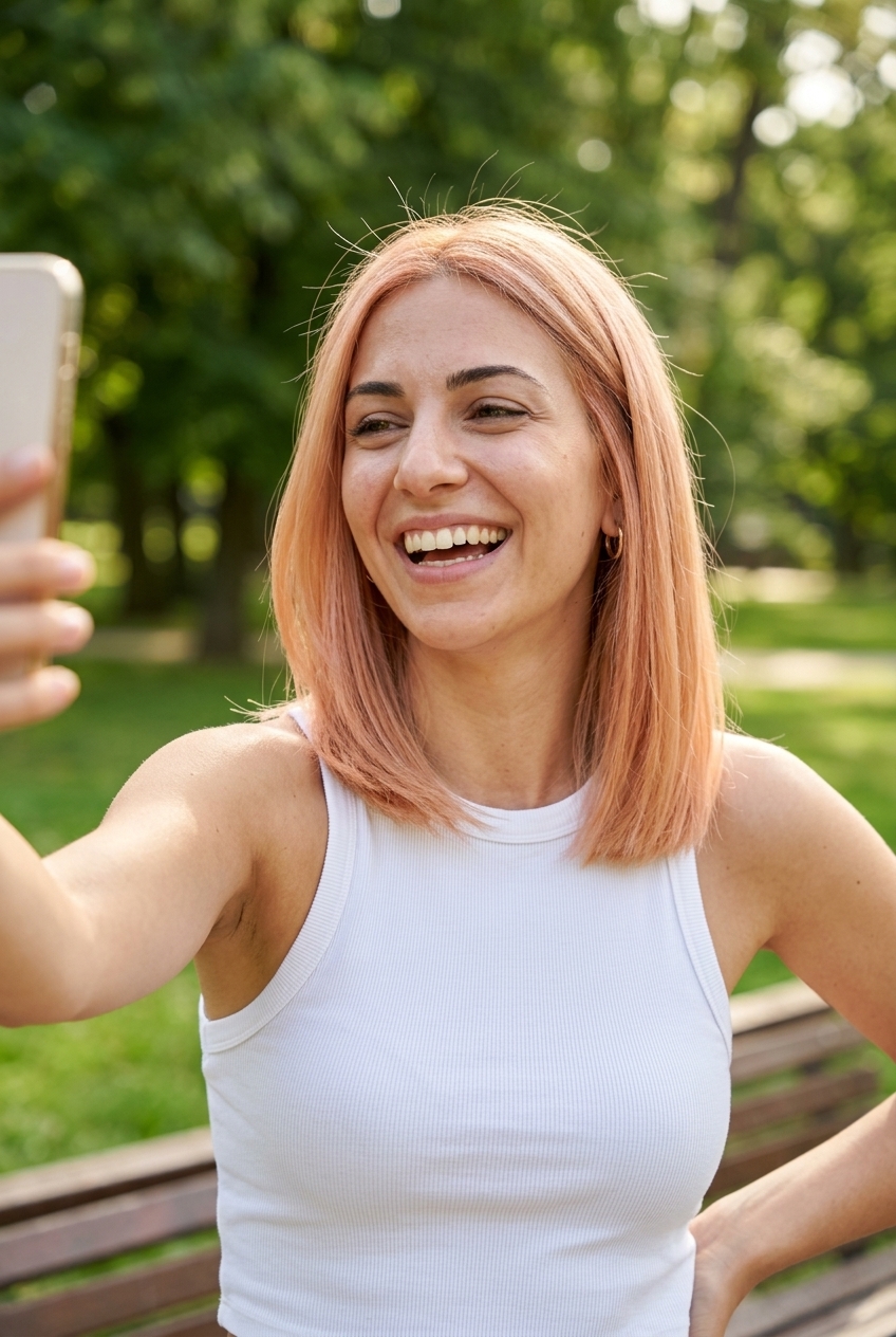 medium blunt lob haircut with strawberry blonde peach, airy waves, no bangs — playful