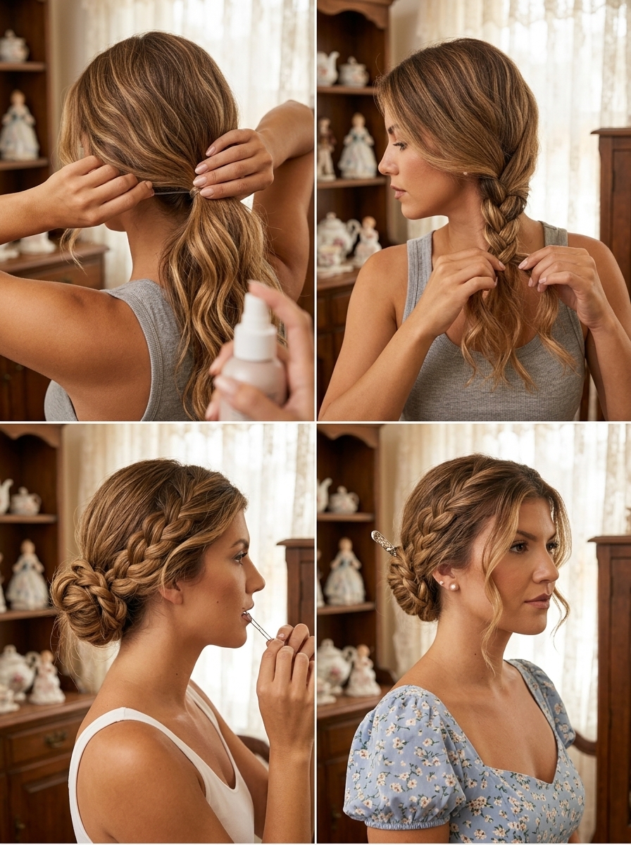 long subtle balayage low bun with soft highlights and decorative pin for summer
