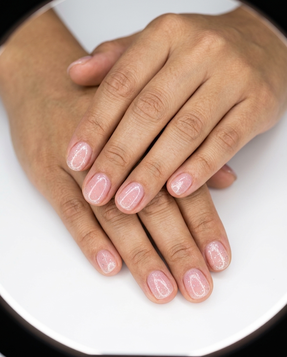 Subtle Silver Glitter on Sheer Base nails for weddings, a minimalist summer glitter nails 2026 choice.