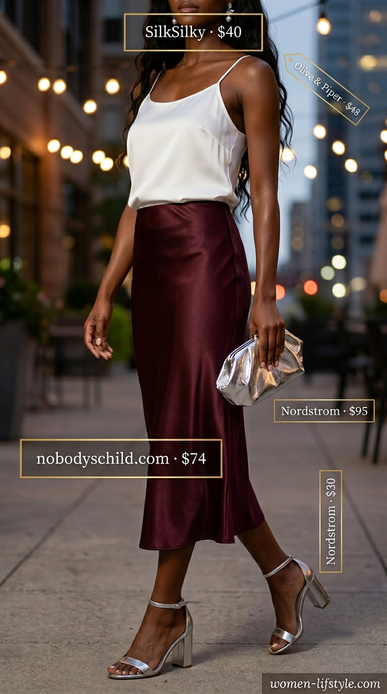 Summer Backless Top Outfits for Women 2026: White backless camisole with burgundy slip skirt for date night.