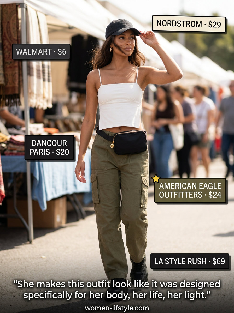 Trendy olive green cargo pants and white backless top outfit for women 2026. Casual, utilitarian style for festivals.