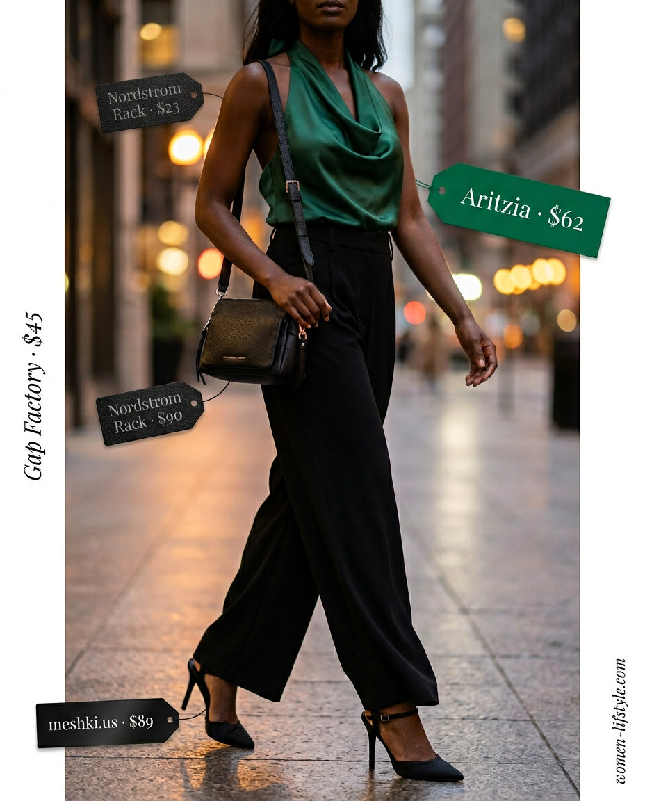 Summer Backless Top Outfits for Women 2026: Emerald green backless halter top with black wide-leg trousers for city evening.