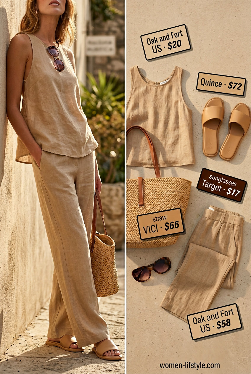Chic natural beige linen set with backless top for women 2026. Modern, relaxed style for city sightseeing and brunch.