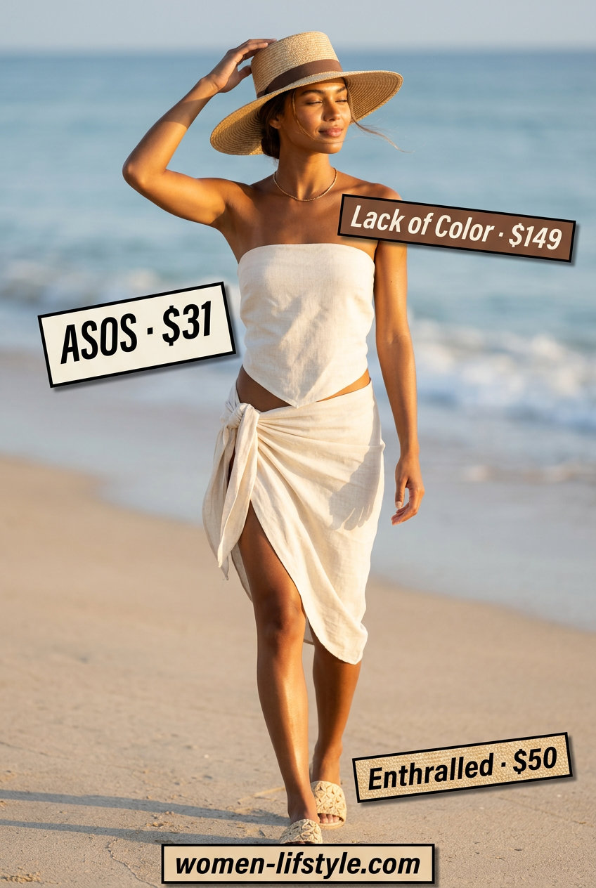 Summer Backless Top Outfits for Women 2026: White linen backless top with beige shorts, straw hat & tote for beach day.