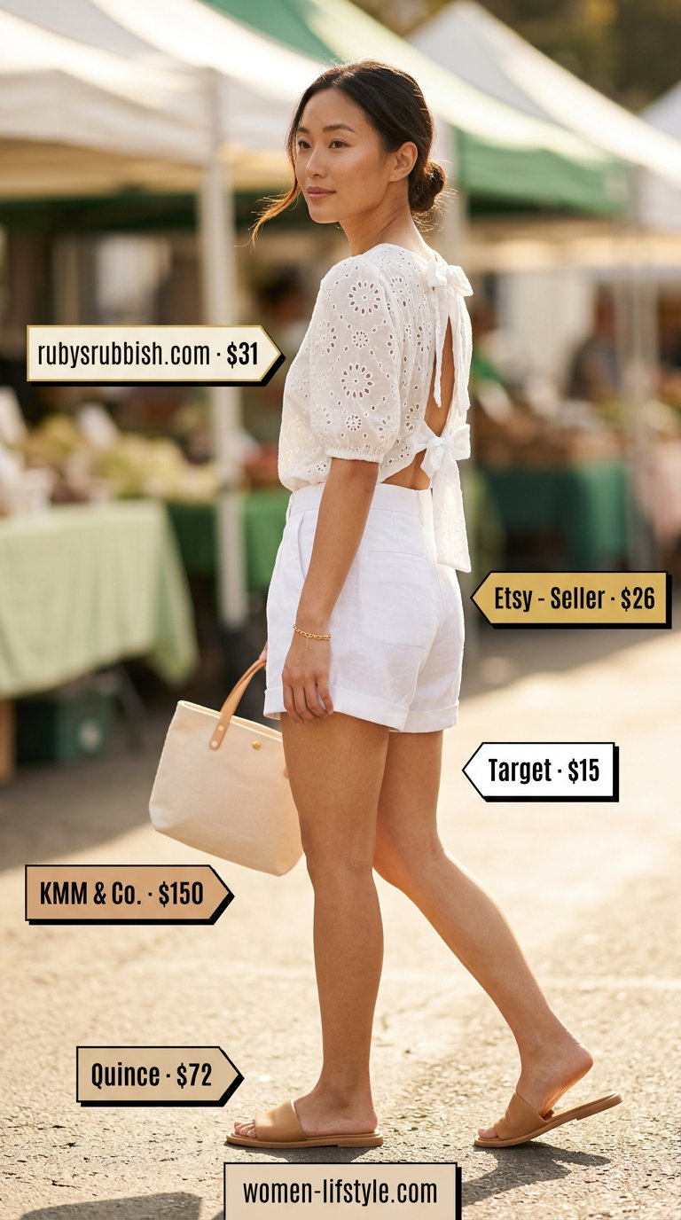 Casual white linen shorts and cream backless blouse outfit for women 2026. Light, feminine style for beach picnics.
