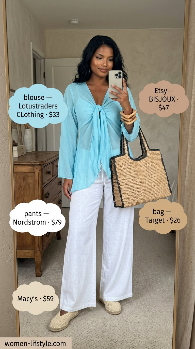 Summer Backless Top Outfits for Women 2026: Sky blue backless peasant blouse with white palazzo pants for resort wear.