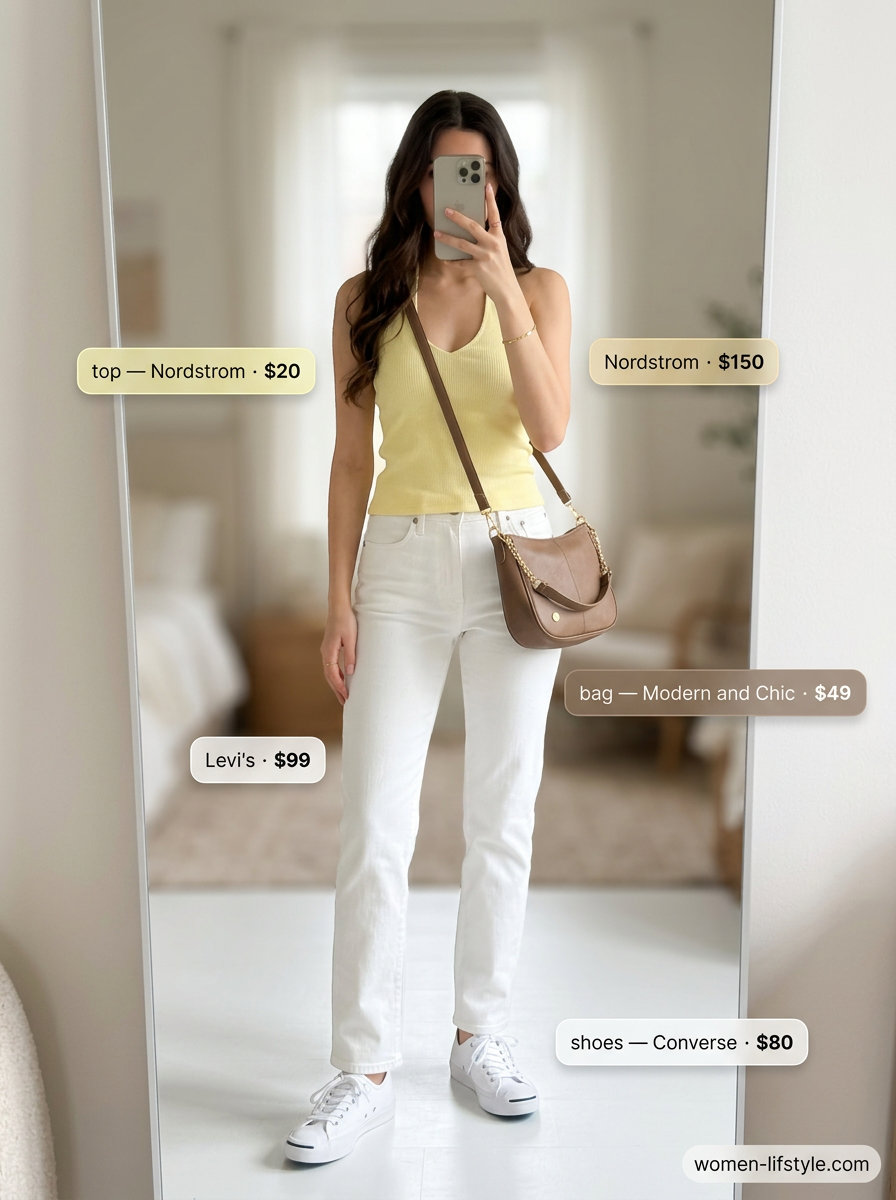 Summer Backless Top Outfits for Women 2026: Lemon yellow backless knit top with white jeans for casual daytime.