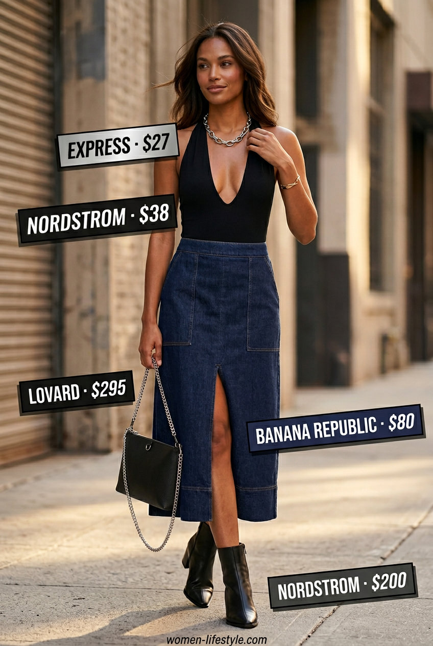 Black backless halter bodysuit with denim midi skirt for summer outfits 2026. Chic concert or weekend brunch.