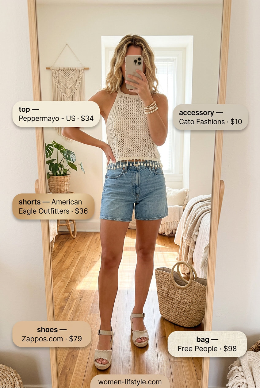 Cream crochet backless halter top with denim shorts for summer outfits 2026. Relaxed beach day or seaside town.