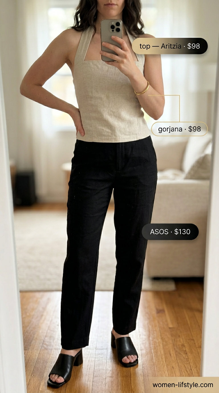 Sand beige backless linen crop top with wide-leg trousers for summer outfits 2026. Sophisticated city exploration.