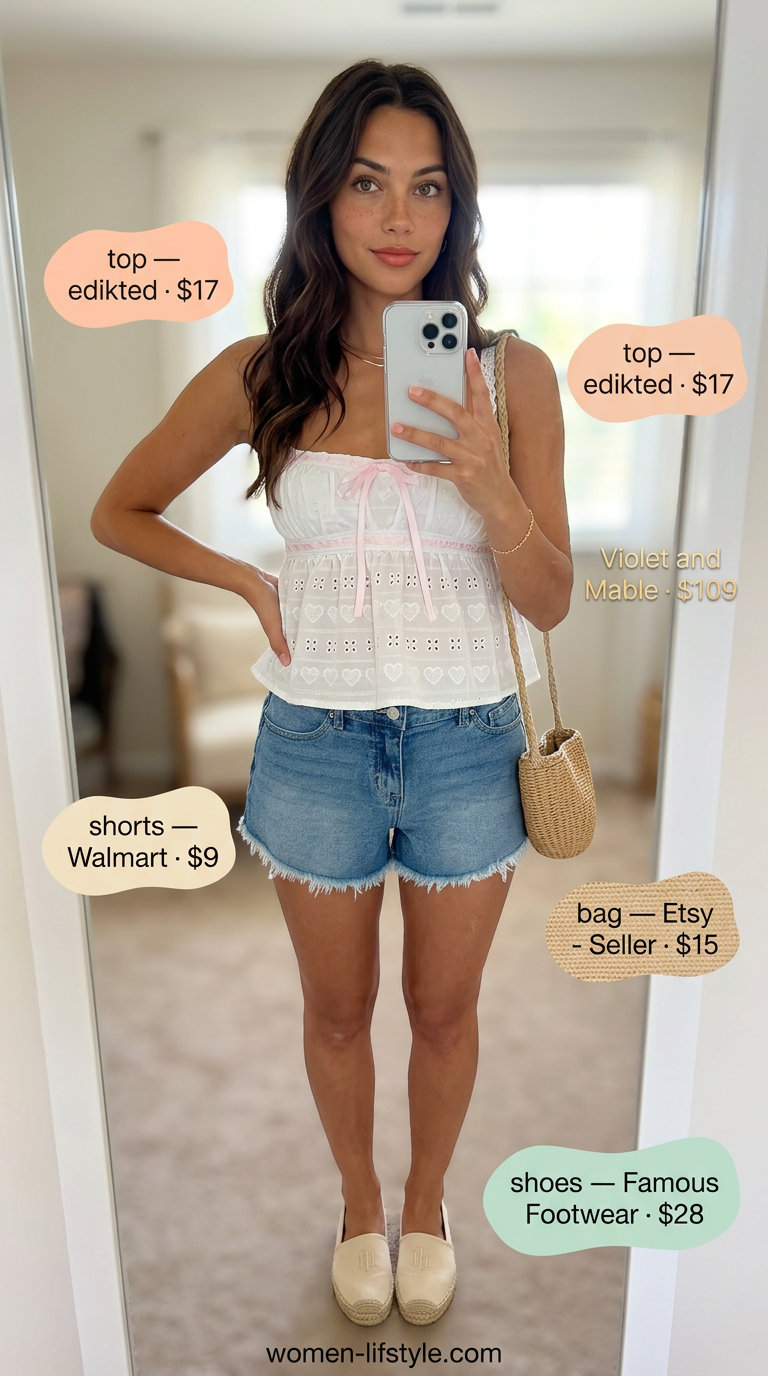 White backless eyelet crop top with denim shorts for summer outfits 2026. Casual day out or beach boardwalk.