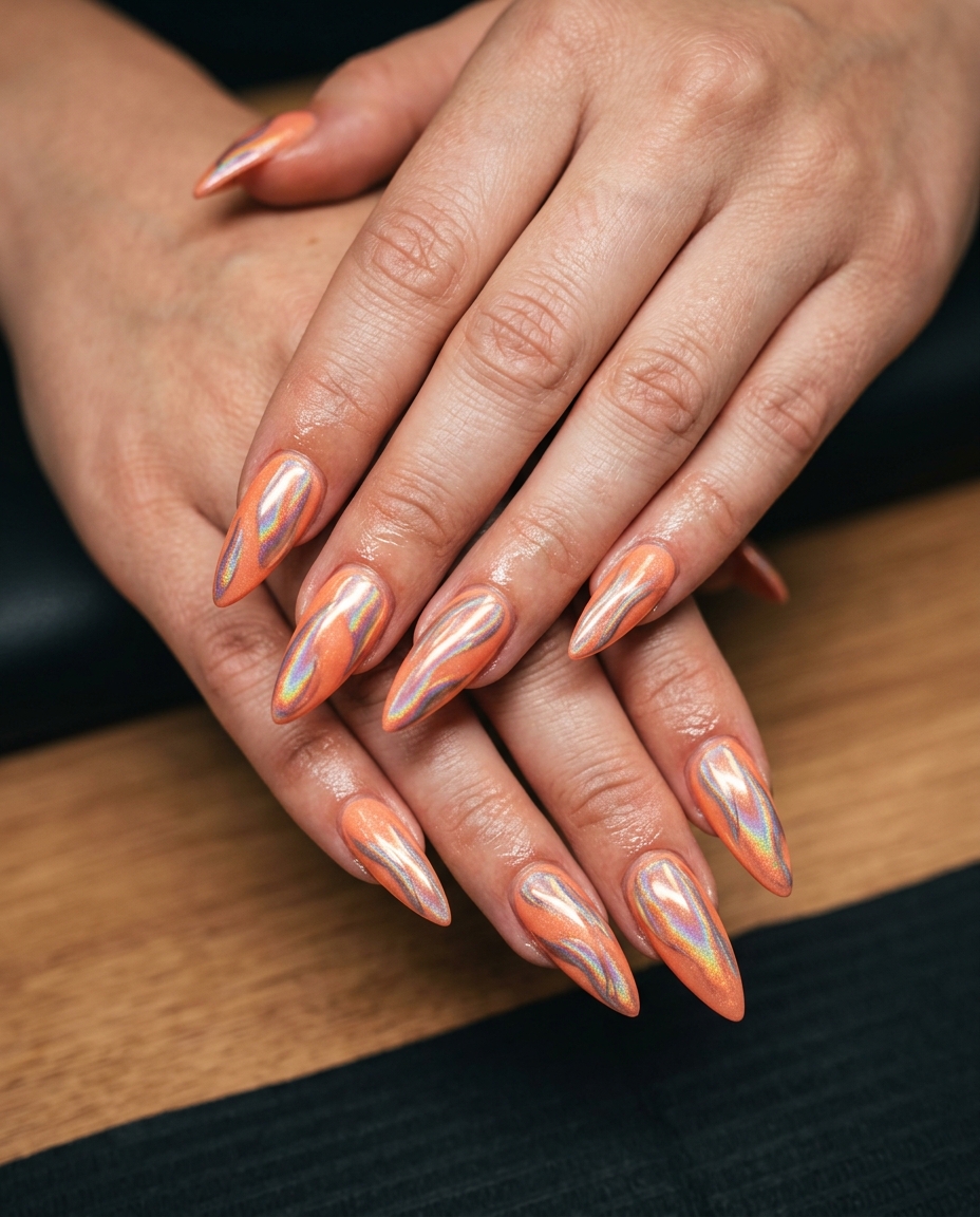 Summer Classy Nails 2026: Fiery Chrome Stiletto Edgy vibrant peach stiletto nails with fiery holographic chrome swirls for summer classy nails 2026.