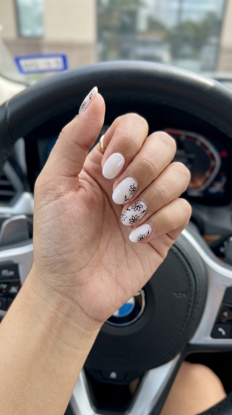 Summer Classy Nails 2026: Milky White Floral Outline Milky white floral outline nails for summer classy nails 2026. Romantic bridal shower elegance.