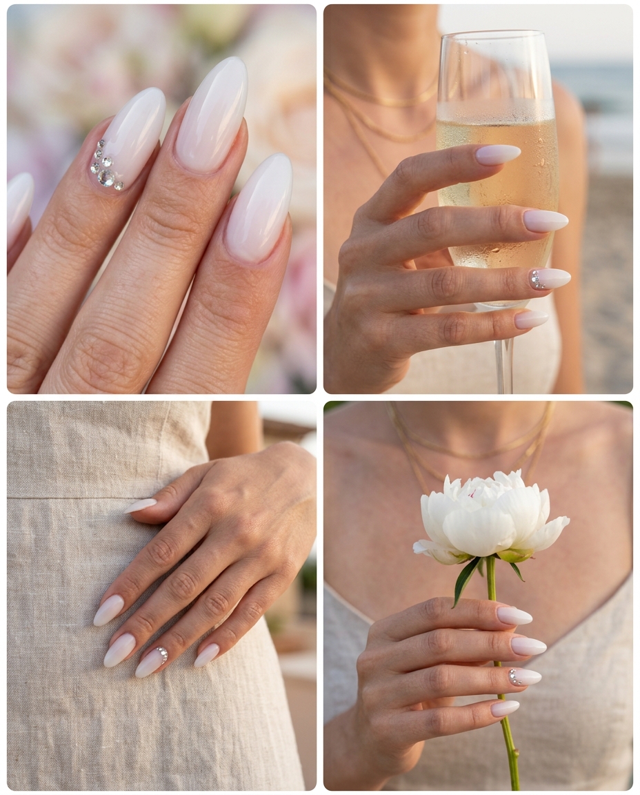 Summer Classy Nails 2026: Milky White Rhinestones Glamorous milky white builder gel nails with clear crystal rhinestone accents for summer classy nails 2026.