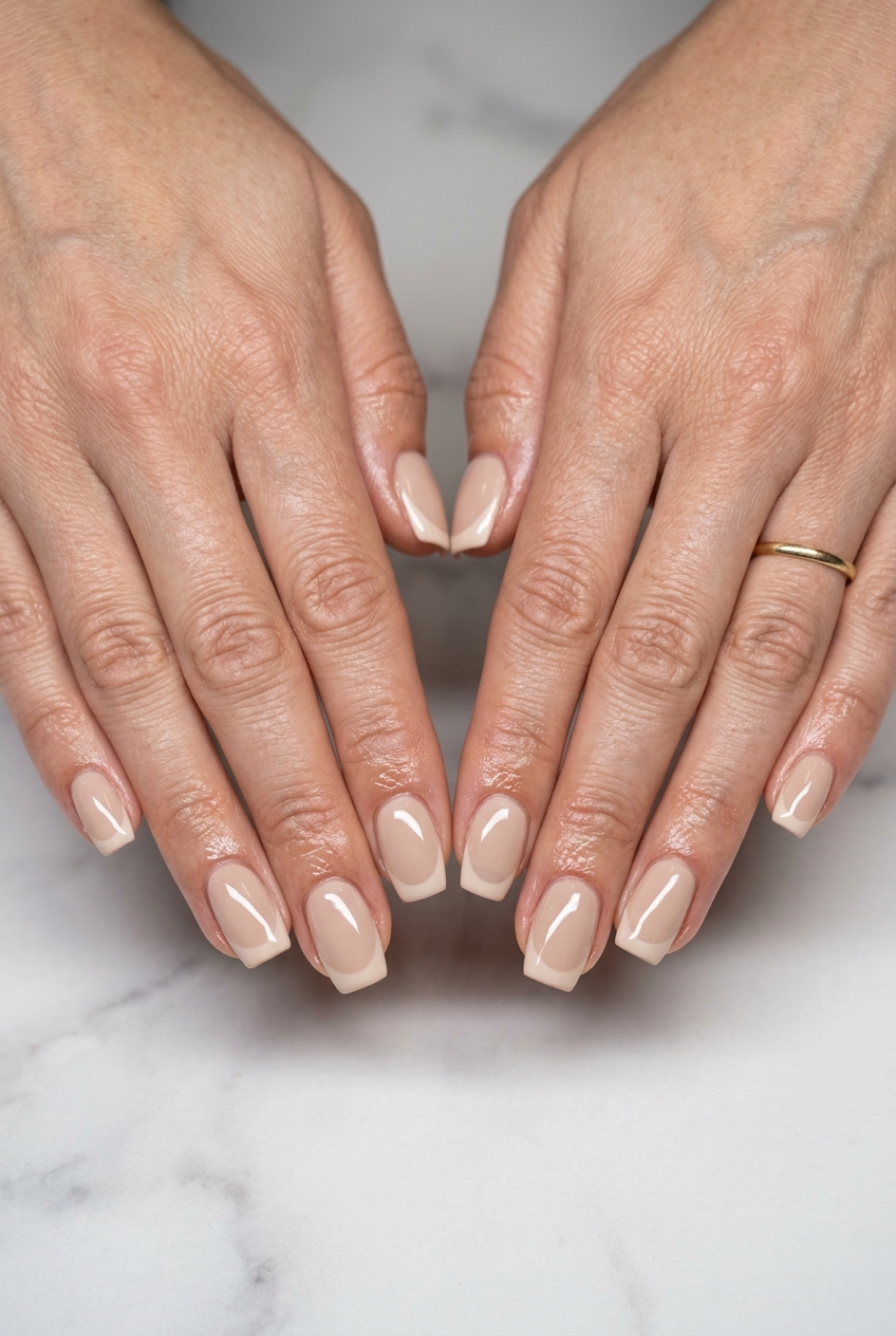 Summer Classy Nails 2026: Negative Space French Modern light beige negative space French manicure for summer classy nails 2026.