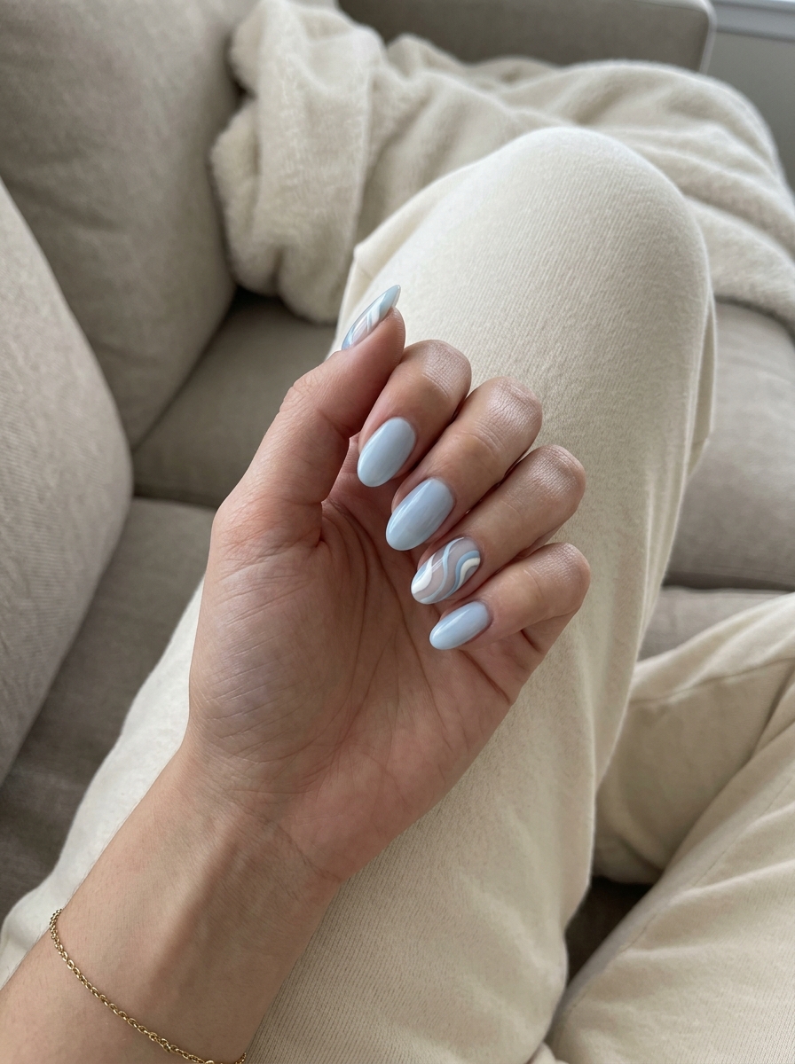 Summer Classy Nails 2026: Sky Blue Abstract Swirls Sky blue abstract swirl nails for summer classy nails 2026. Artistic vacation nails.