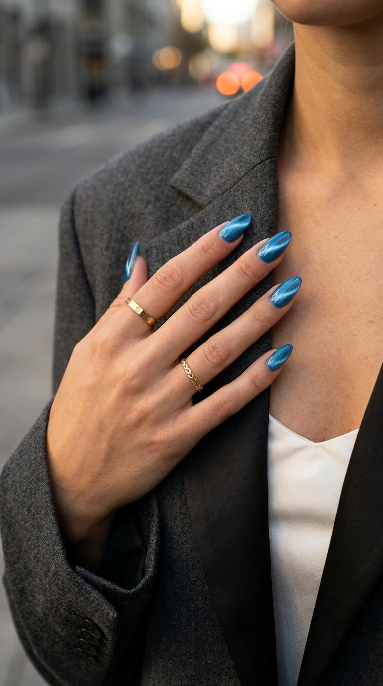 Electric Blue Cat-Eye nails for summer colorful nails designs 2026. Sultry, glamorous style perfect for nights out.