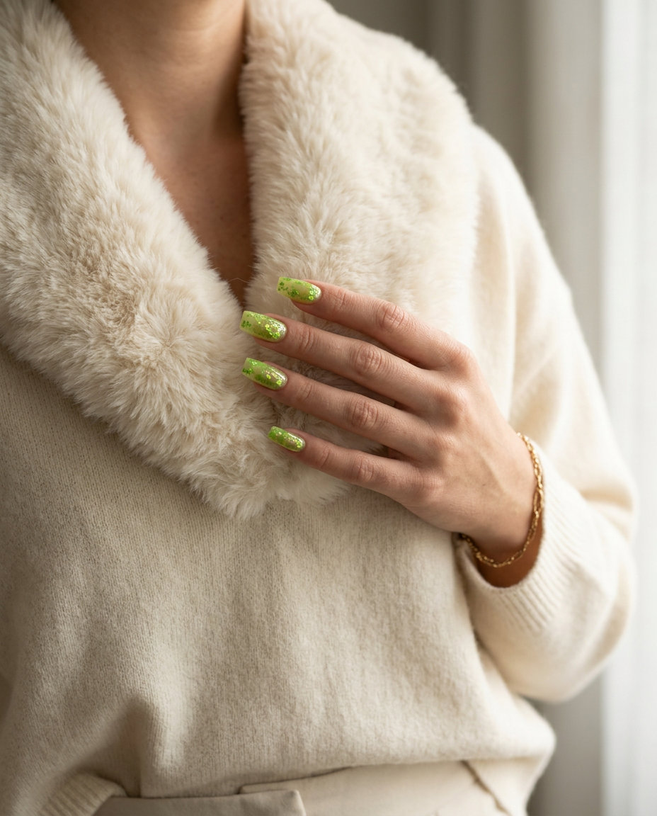 Sheer lime green nails with iridescent lime green foil flakes for a playful vacation look. Summer colorful nails designs 2026.