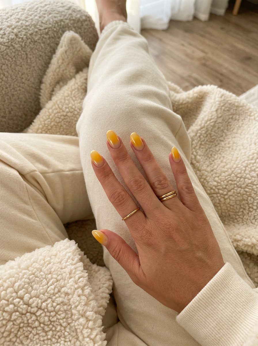 Golden Hour Aura Gradient nails with sunflower yellow and gold shimmer, warm for summer colorful nails designs 2026.