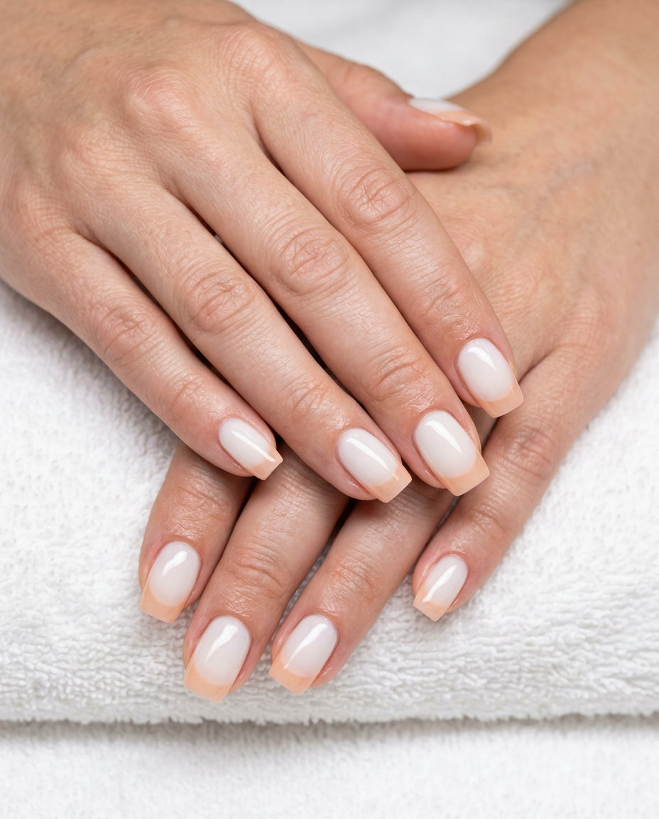 Juicy Peach Jelly French nails for summer colorful nails designs 2026. Romantic wedding guest style.