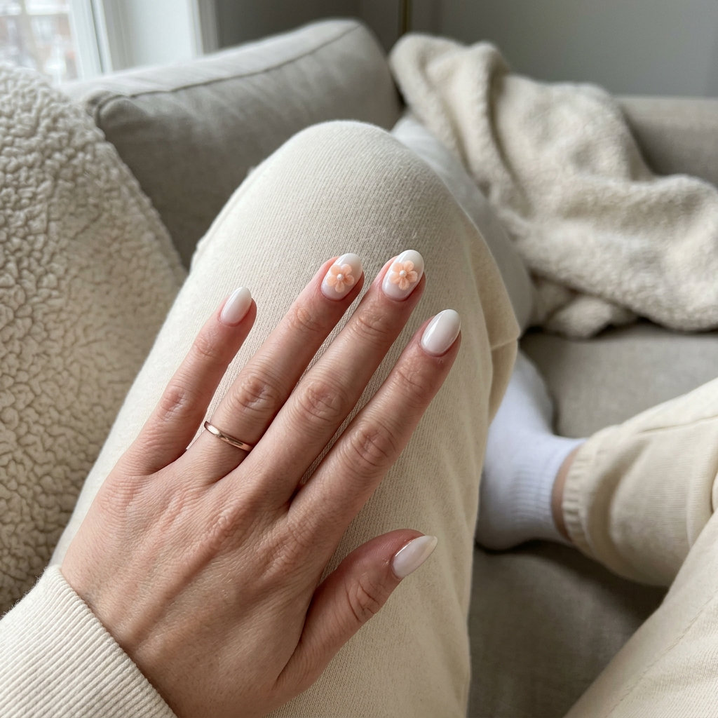 Milky white and peach fuzz nails with 3D floral accents for a romantic wedding guest look. Summer colorful nails designs 2026.