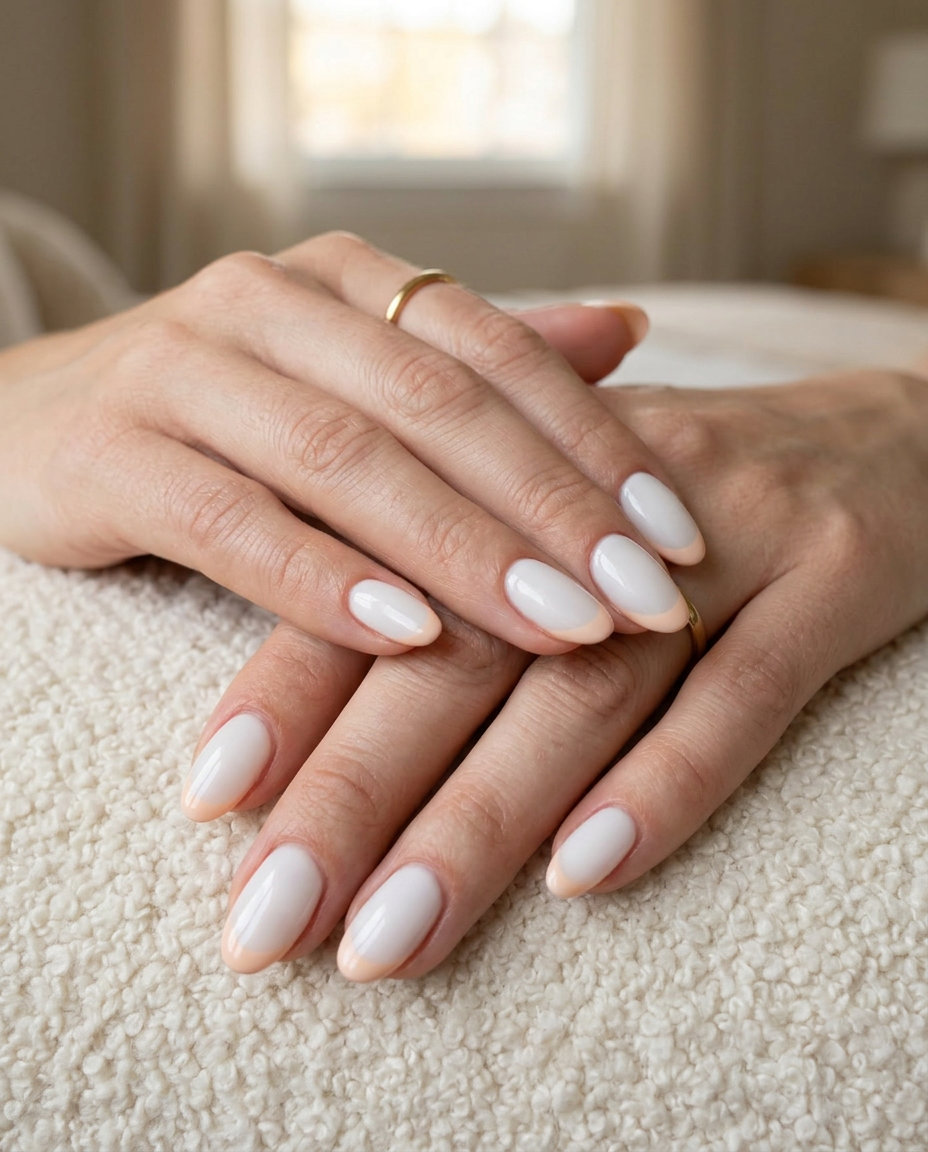 Milky Peach Fuzz French nails for summer colorful nails designs 2026. Romantic, clean-girl style with peach fuzz tips.