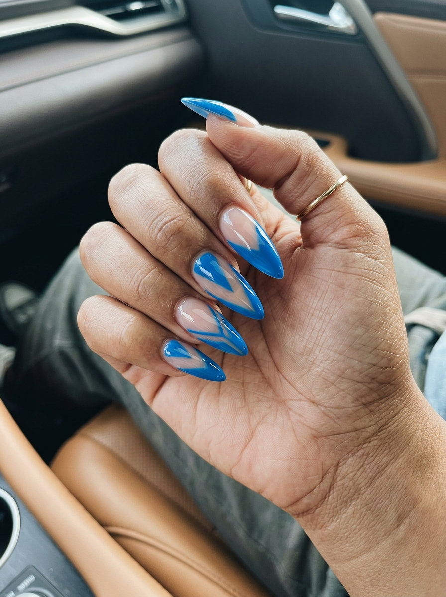 Negative Space Cerulean Geo nails for summer colorful nails designs 2026. Edgy night out style.