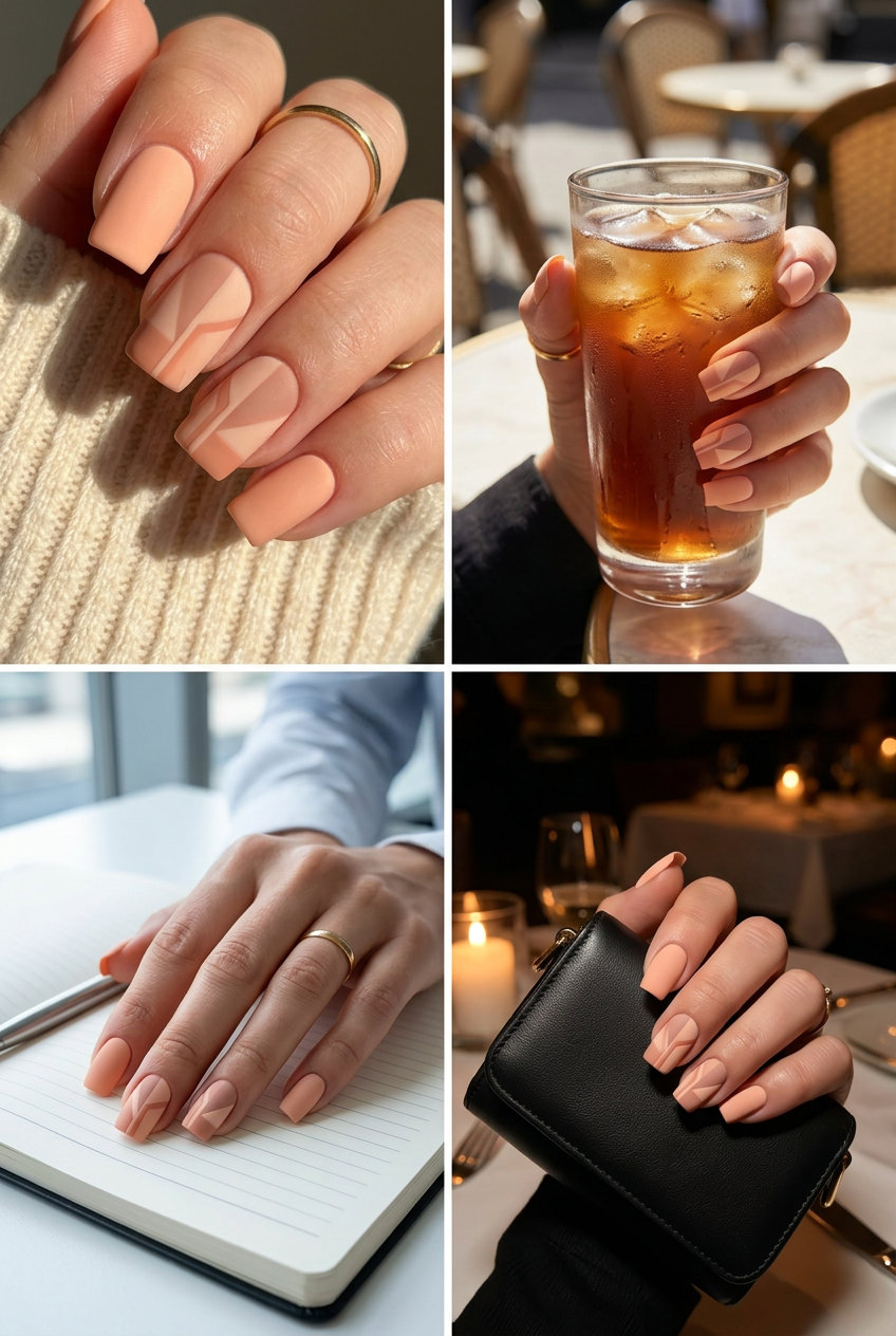 Sophisticated peach fuzz and warm nude color block nails for summer colorful nails designs 2026. Minimalist style, ideal for daily wear and professional settings.