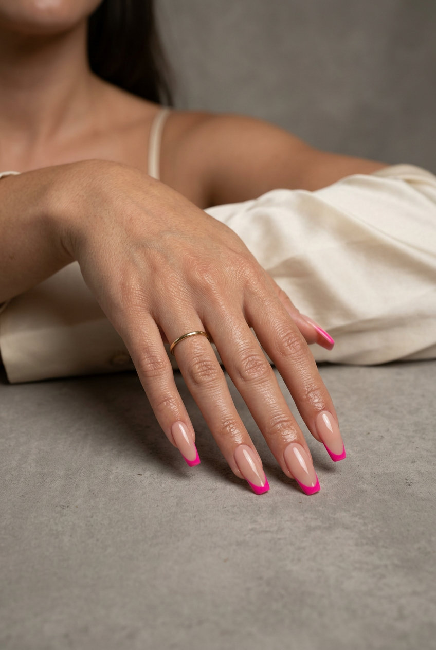 Neutral base nails with a bold hot pink accent at the cuticle for an edgy look. Summer colorful nails designs 2026.