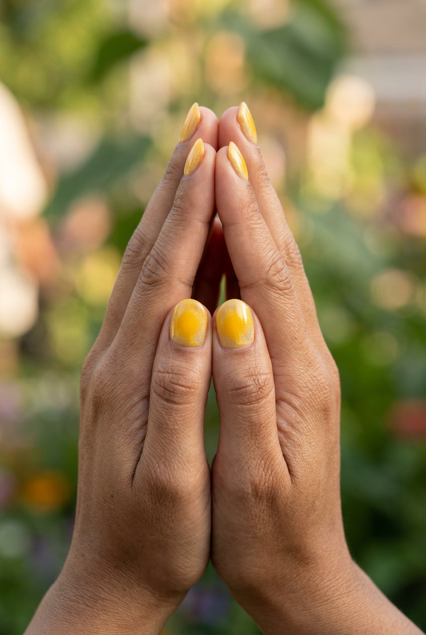 Sunflower Yellow Aura Gradient nails with subtle holographic shift, perfect for summer colorful nails designs 2026.