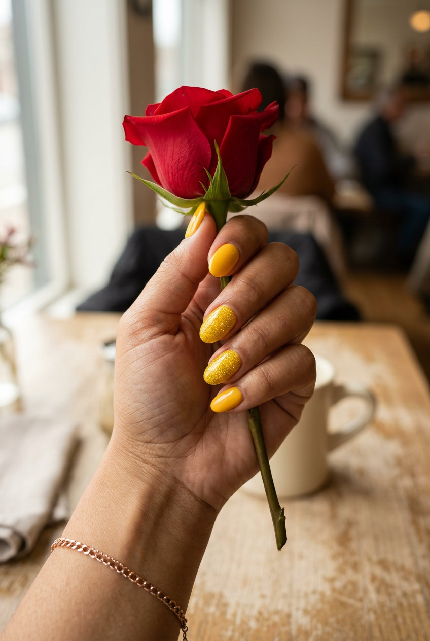 Golden glitter pop nails in sunflower yellow for summer colorful nails designs 2026. Glamorous and radiant, perfect for festivals and parties.